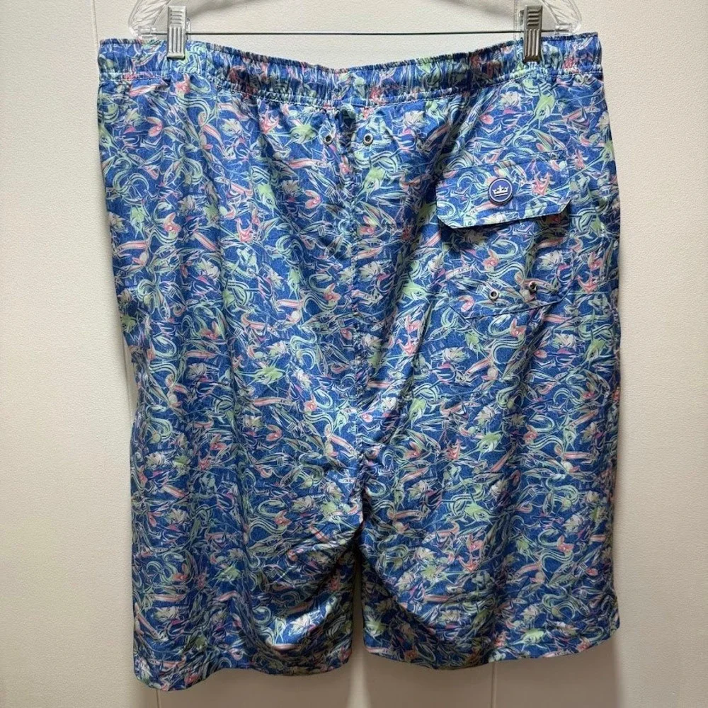 Peter Millar Crown Sport Mens Blue Fish Print Swim Trunks Shorts XLT